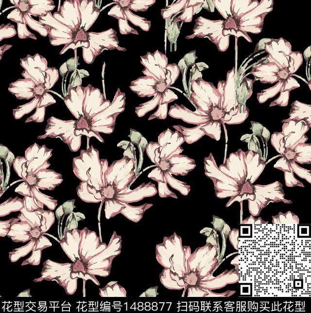 黑底花卉绿植树叶民族风数码印花华亿平台下载（图片编号: 1488877） - 瓦栏（Walan）