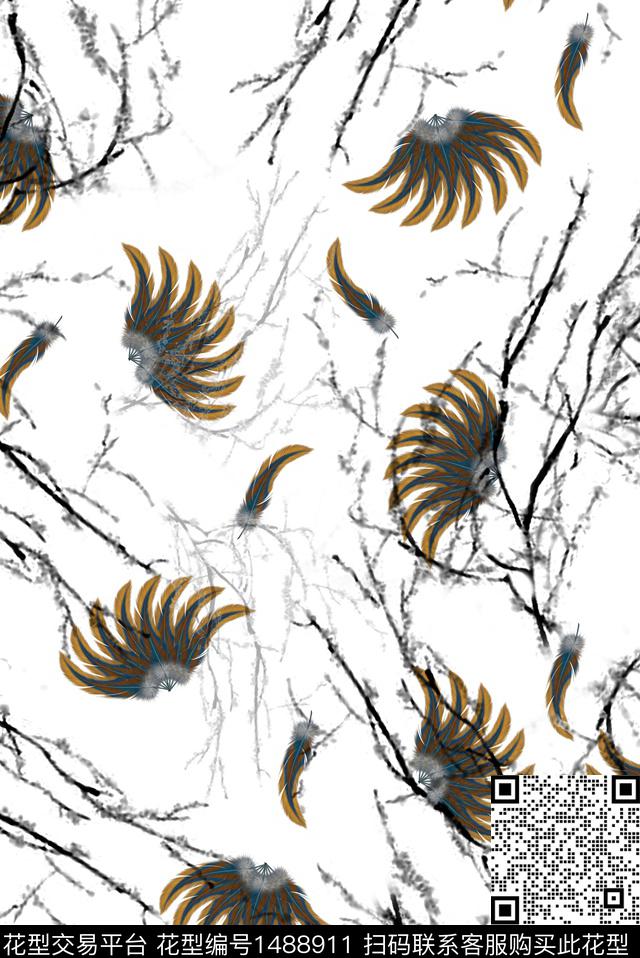 羽毛树枝花卉数码印花华亿平台下载（图片编号: 1488911） - 瓦栏（Walan）