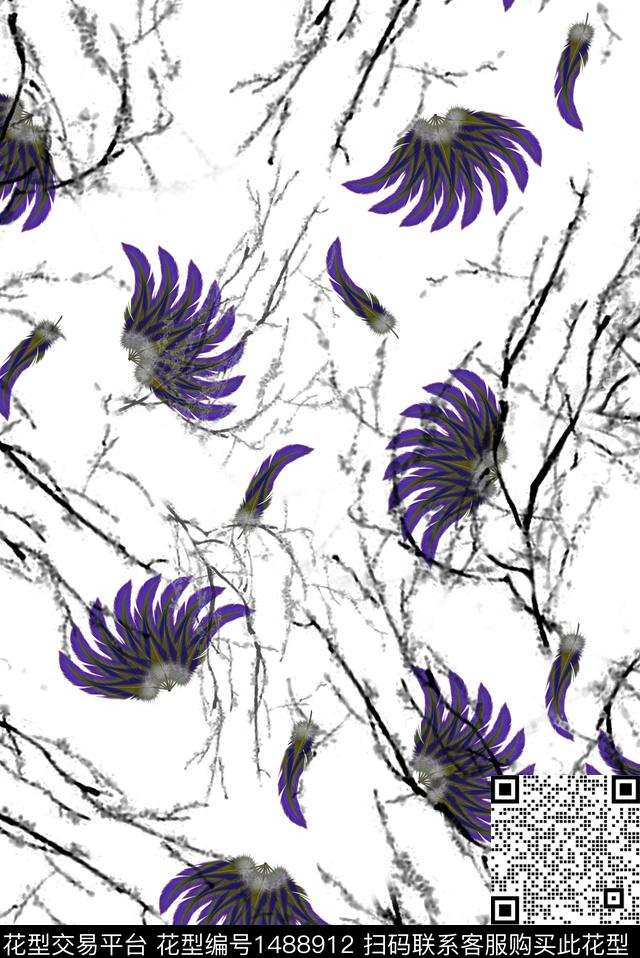 羽毛树枝花卉数码印花华亿平台下载（图片编号: 1488912） - 瓦栏（Walan）