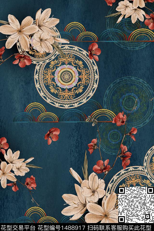 绿植树叶传统纹样香云纱数码印花华亿平台下载（图片编号: 1488917） - 瓦栏（Walan）