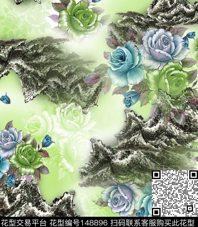 水墨风手绘花卉山川数码印花华亿平台下载（图片编号: 148896） - 瓦栏（Walan）