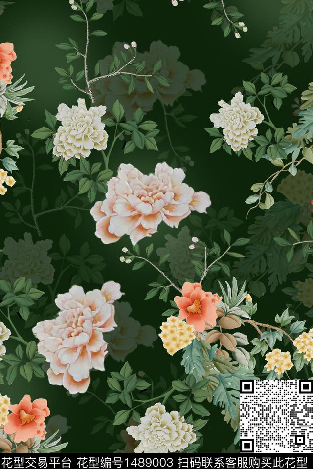 花卉香云纱真丝数码印花华亿平台下载（图片编号: 1489003） - 瓦栏（Walan）