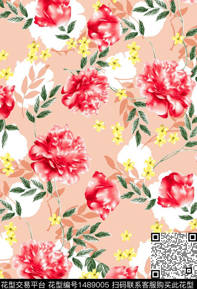 玫瑰花花卉手绘数码印花华亿平台下载（图片编号: 1489005） - 瓦栏（Walan）