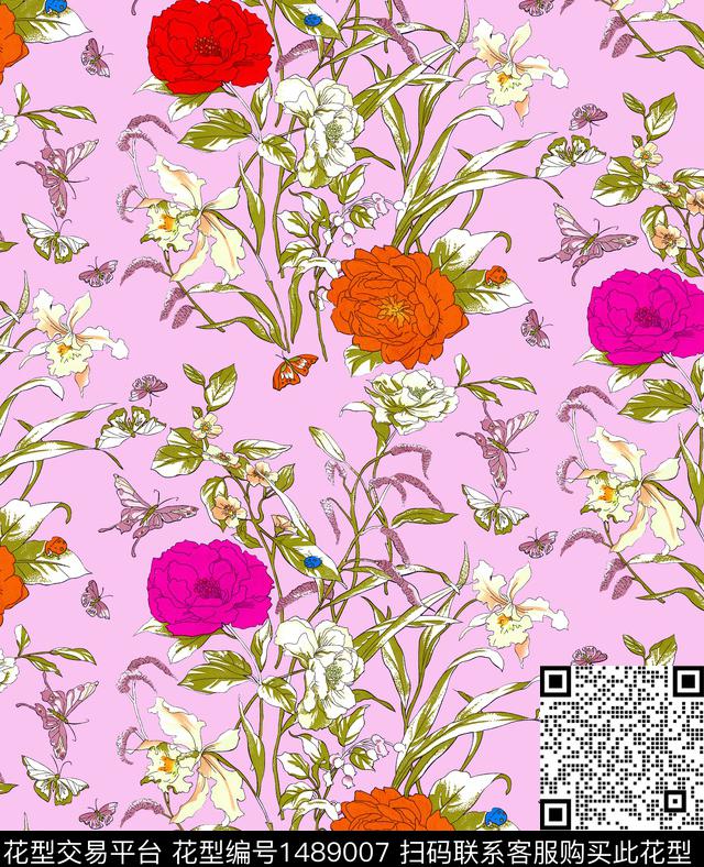 玫瑰花花卉手绘数码印花华亿平台下载（图片编号: 1489007） - 瓦栏（Walan）