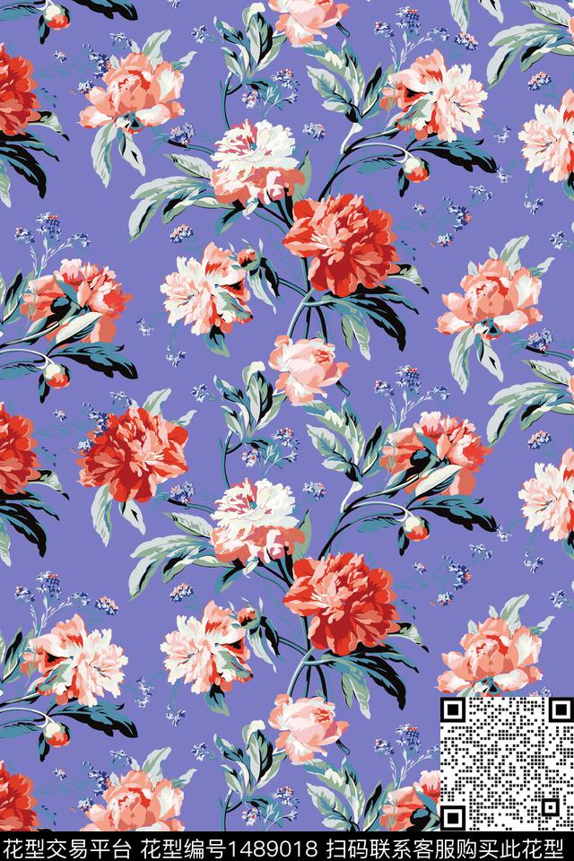 玫瑰花花卉手绘数码印花华亿平台下载（图片编号: 1489018） - 瓦栏（Walan）