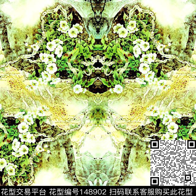绿色四方连续花卉数码印花华亿平台下载（图片编号: 148902） - 瓦栏（Walan）