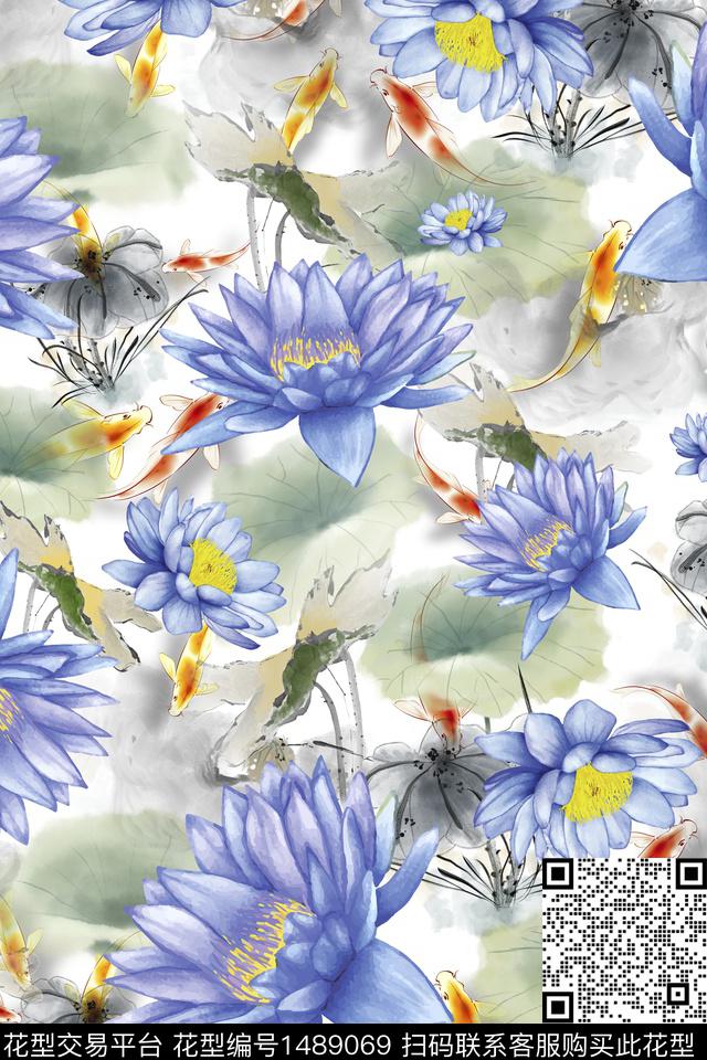 荷花花卉香云纱数码印花华亿平台下载（图片编号: 1489069） - 瓦栏（Walan）