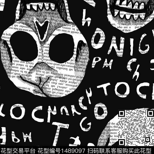 字母黑白华亿平台骷髅传统印花华亿平台下载（图片编号: 1489097） - 瓦栏（Walan）