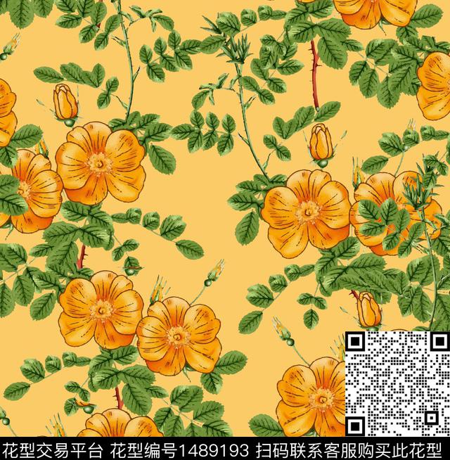 黑底花卉绿植树叶花卉数码印花华亿平台下载（图片编号: 1489193） - 瓦栏（Walan）