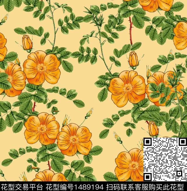 黑底花卉绿植树叶花卉数码印花华亿平台下载（图片编号: 1489194） - 瓦栏（Walan）