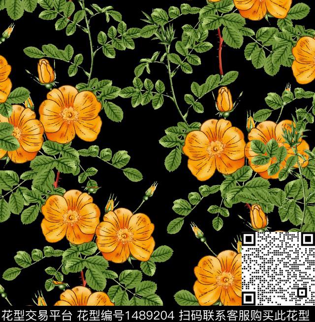 黑底花卉绿植树叶花卉数码印花华亿平台下载（图片编号: 1489204） - 瓦栏（Walan）