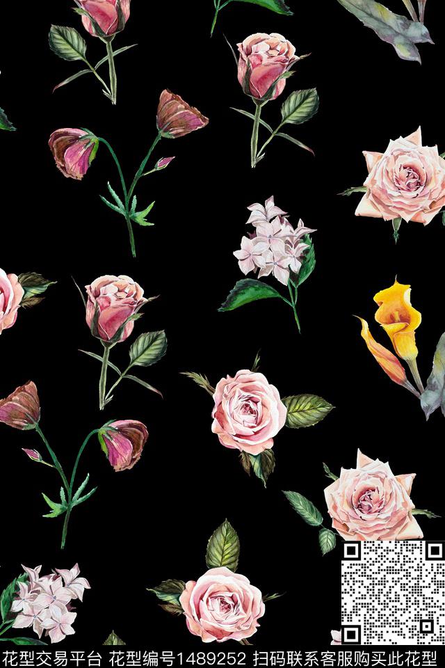 黑底花卉花卉大牌风数码印花华亿平台下载（图片编号: 1489252） - 瓦栏（Walan）