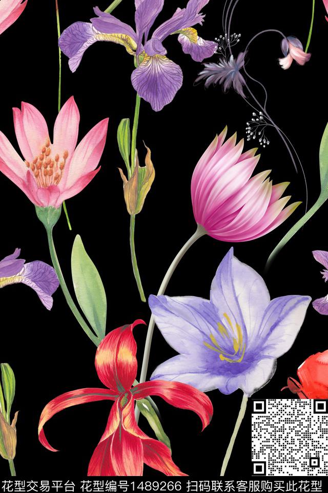 黑底花卉花卉真丝数码印花华亿平台下载（图片编号: 1489266） - 瓦栏（Walan）