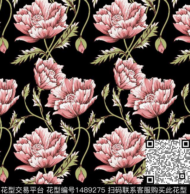 黑底花卉彩底花卉绿植树叶数码印花华亿平台下载（图片编号: 1489275） - 瓦栏（Walan）