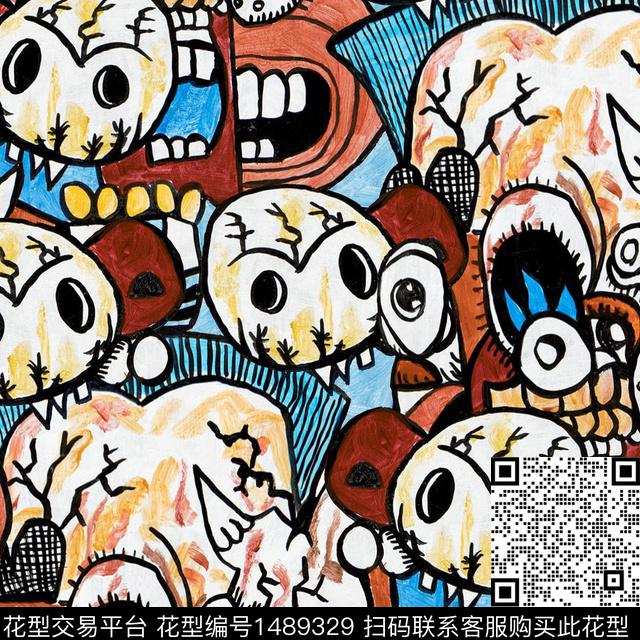 线条画复古骷髅数码印花华亿平台下载（图片编号: 1489329） - 瓦栏（Walan）