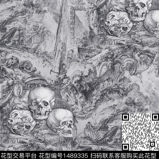 线条画复古骷髅数码印花华亿平台下载（图片编号: 1489335） - 瓦栏（Walan）