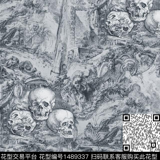 线条画复古骷髅数码印花华亿平台下载（图片编号: 1489337） - 瓦栏（Walan）