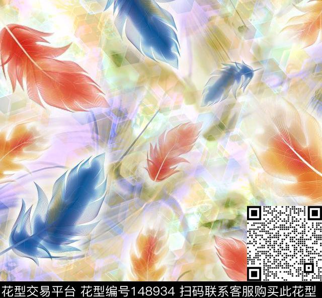 羽毛水彩淡彩数码印花华亿平台下载（图片编号: 148934） - 瓦栏（Walan）