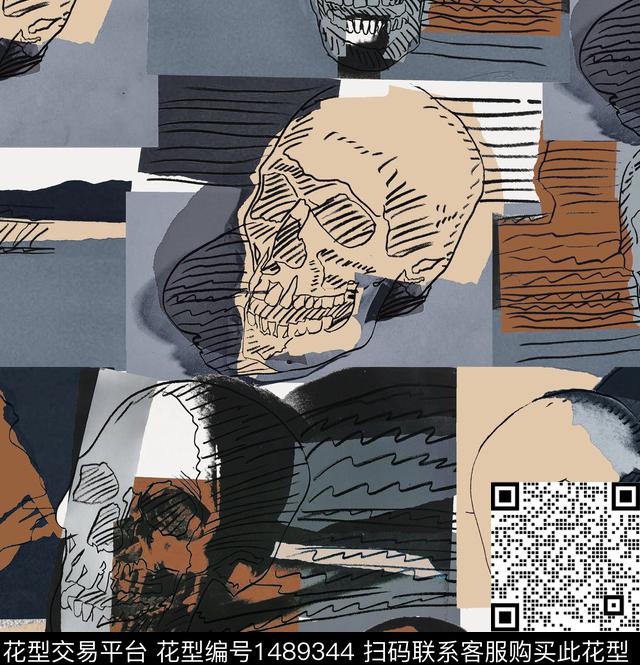 线条画复古骷髅数码印花华亿平台下载（图片编号: 1489344） - 瓦栏（Walan）