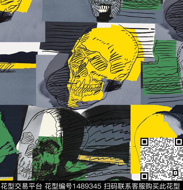线条画复古骷髅数码印花华亿平台下载（图片编号: 1489345） - 瓦栏（Walan）