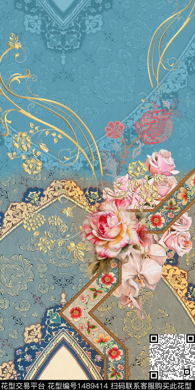 定位花花纹浅蓝数码印花华亿平台下载（图片编号: 1489414） - 瓦栏（Walan）