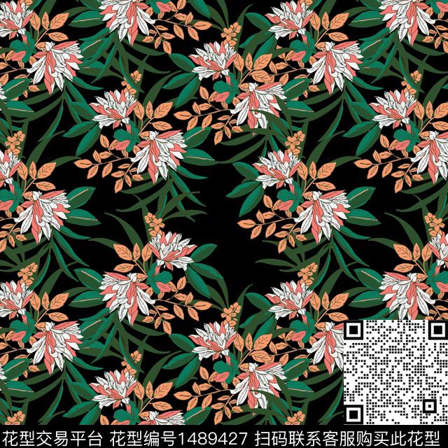 方巾黑底花卉民族风数码印花华亿平台下载（图片编号: 1489427） - 瓦栏（Walan）