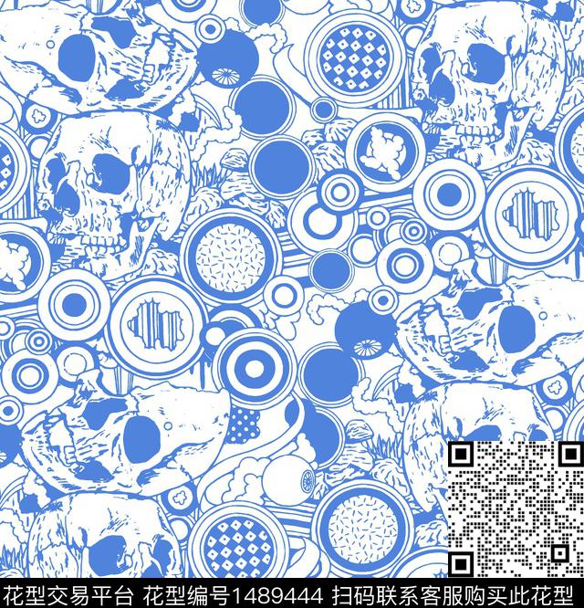 线条画趣味骷髅传统印花华亿平台下载（图片编号: 1489444） - 瓦栏（Walan）