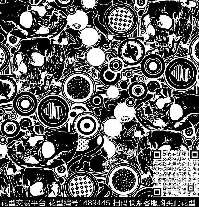 线条画趣味骷髅传统印花华亿平台下载（图片编号: 1489445） - 瓦栏（Walan）
