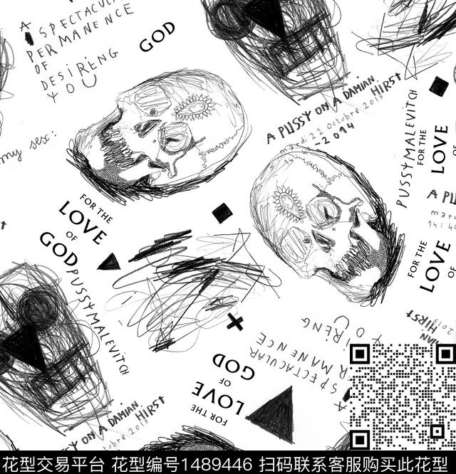 线条画趣味骷髅传统印花华亿平台下载（图片编号: 1489446） - 瓦栏（Walan）