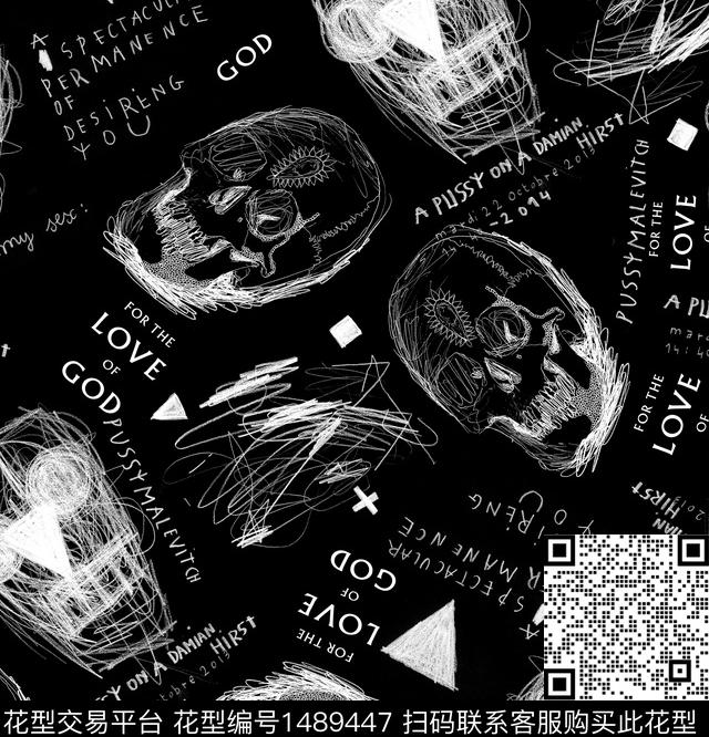 线条画趣味骷髅传统印花华亿平台下载（图片编号: 1489447） - 瓦栏（Walan）