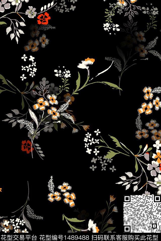黑底花卉绿植树叶雪纺传统印花华亿平台下载（图片编号: 1489488） - 瓦栏（Walan）