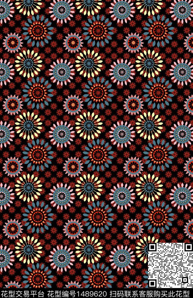 几何民族风花卉数码印花华亿平台下载（图片编号: 1489620） - 瓦栏（Walan）