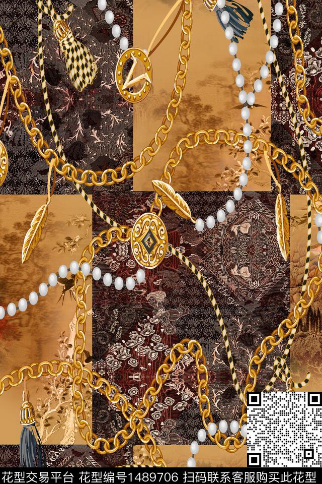 水彩传统纹样链条数码印花华亿平台下载（图片编号: 1489706） - 瓦栏（Walan）