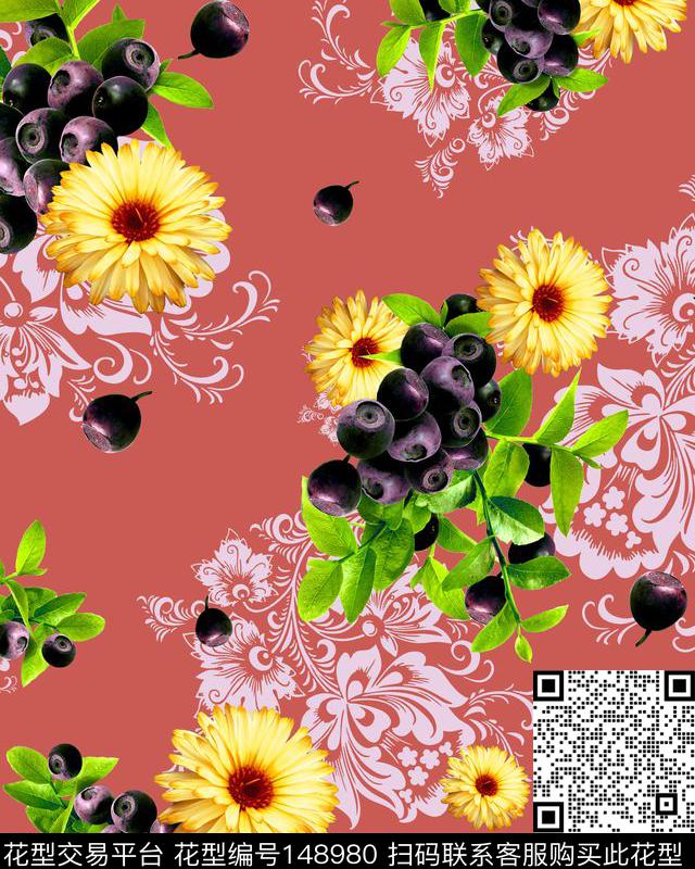 水果花卉菊花数码印花华亿平台下载（图片编号: 148980） - 瓦栏（Walan）