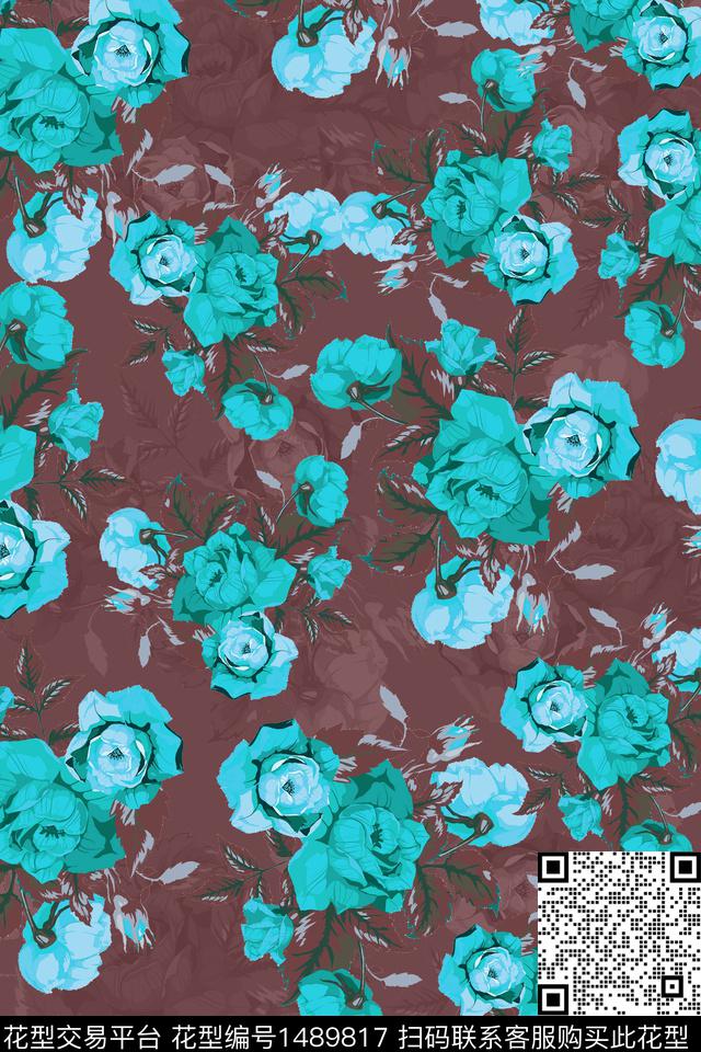 绿植树叶玫瑰花花卉数码印花华亿平台下载（图片编号: 1489817） - 瓦栏（Walan）