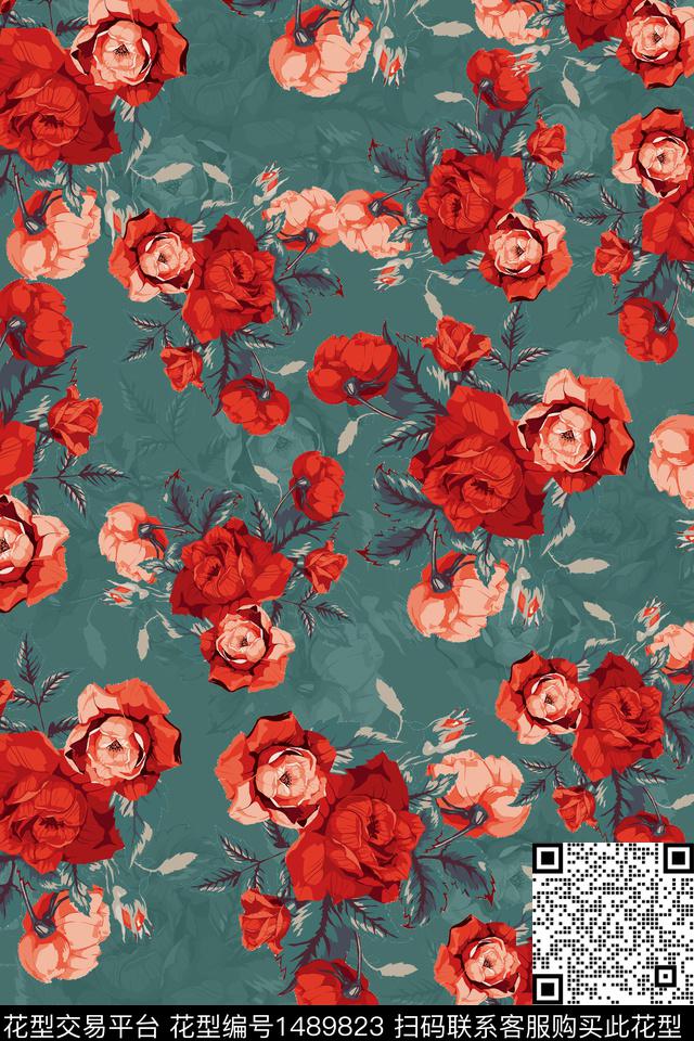 绿植树叶玫瑰花花卉数码印花华亿平台下载（图片编号: 1489823） - 瓦栏（Walan）