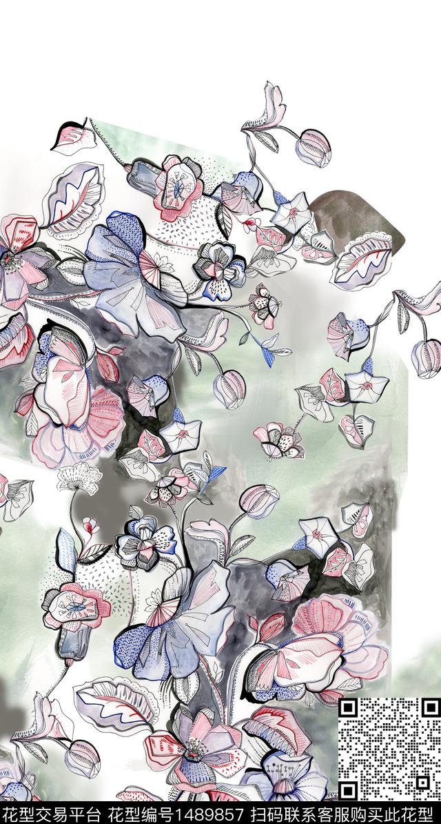 水彩定位花素雅数码印花华亿平台下载（图片编号: 1489857） - 瓦栏（Walan）