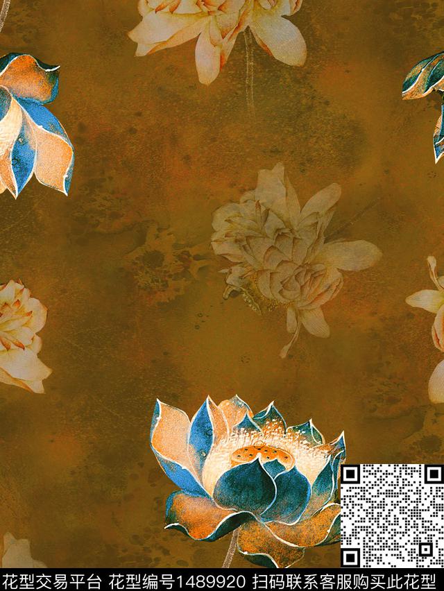 荷花香云纱复古旗袍华亿平台数码印花华亿平台下载（图片编号: 1489920） - 瓦栏（Walan）