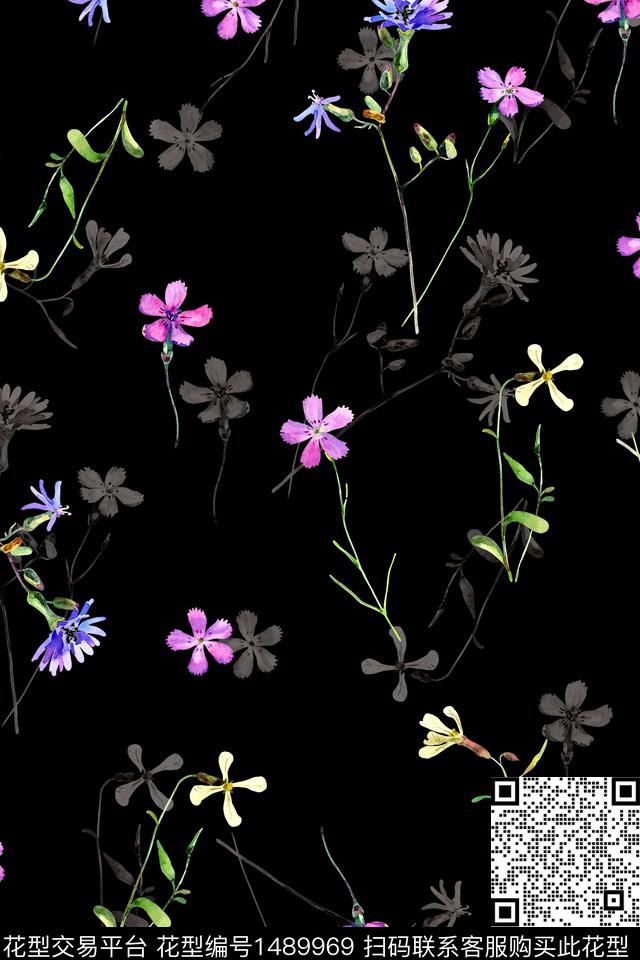 水彩绿植树叶黑底花卉数码印花华亿平台下载（图片编号: 1489969） - 瓦栏（Walan）