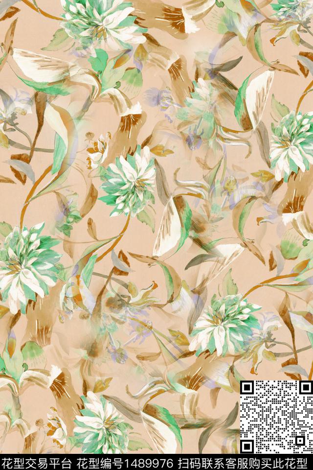 水彩绿植树叶抽象花卉数码印花华亿平台下载（图片编号: 1489976） - 瓦栏（Walan）