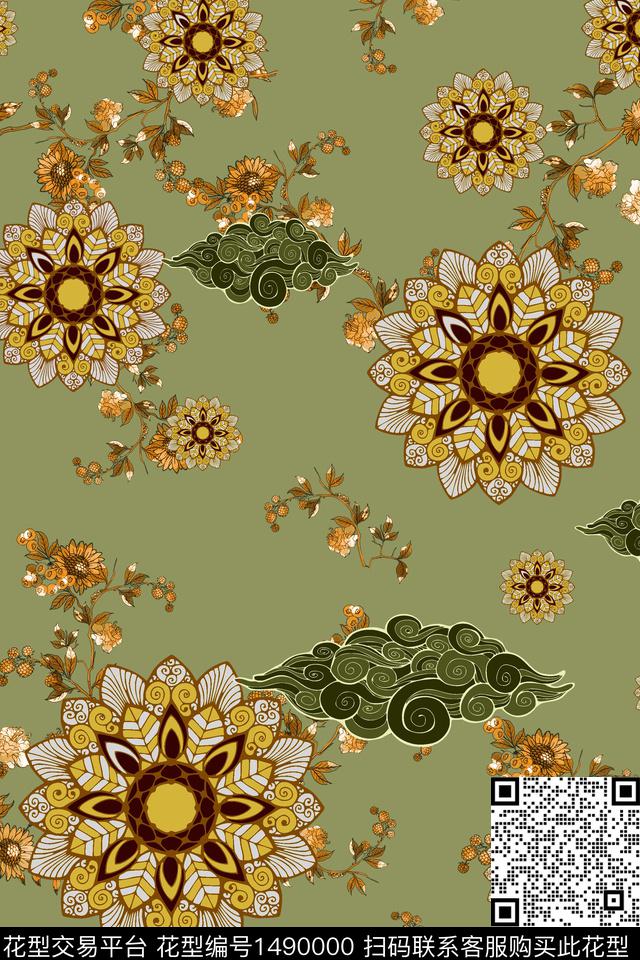 水彩肌理传统纹样数码印花华亿平台下载（图片编号: 1490000） - 瓦栏（Walan）