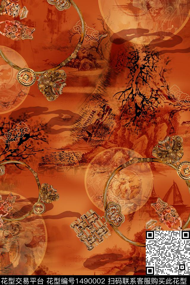 水彩肌理传统纹样数码印花华亿平台下载（图片编号: 1490002） - 瓦栏（Walan）