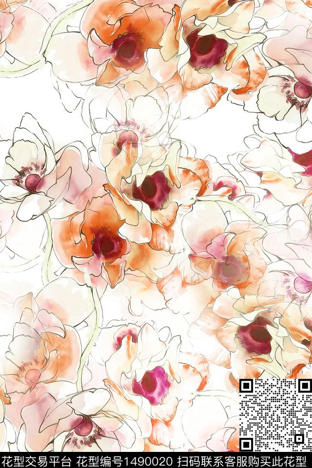 抽象花卉花卉大牌风数码印花华亿平台下载（图片编号: 1490020） - 瓦栏（Walan）