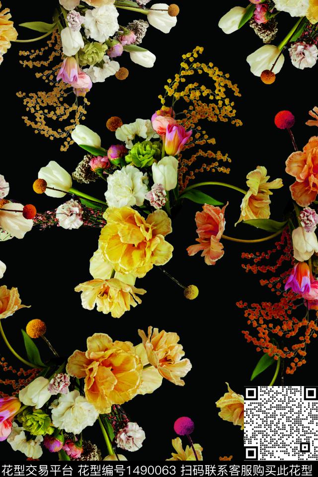 黑底花卉彩底花卉简约数码印花华亿平台下载（图片编号: 1490063） - 瓦栏（Walan）