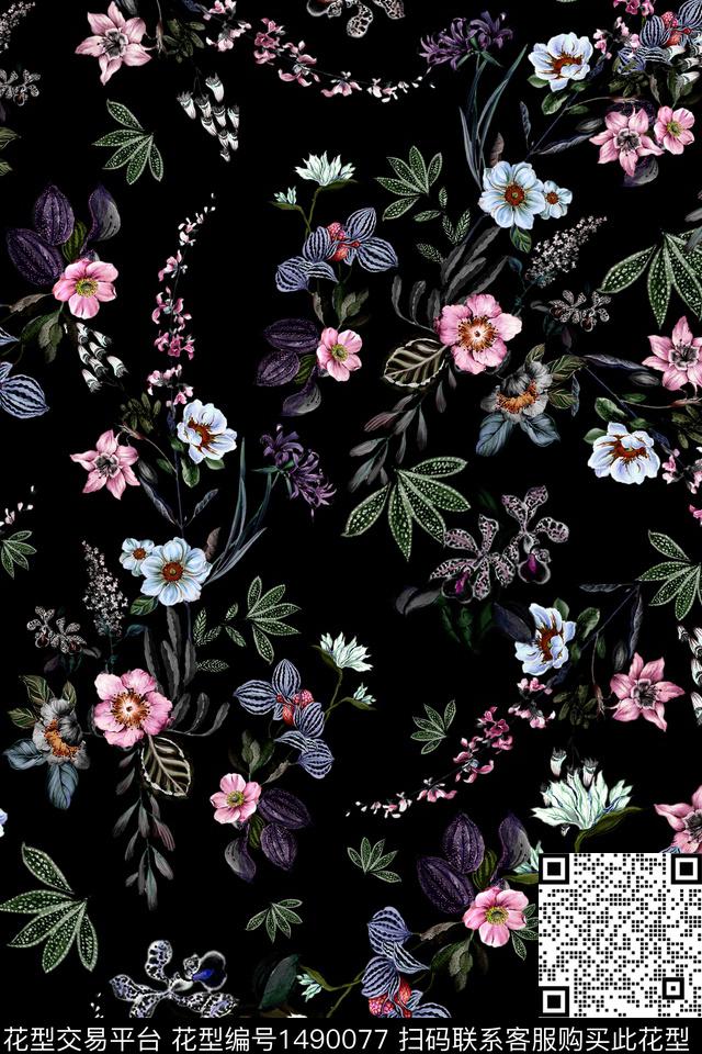 数码华亿平台黑底花卉小碎花数码印花华亿平台下载（图片编号: 1490077） - 瓦栏（Walan）