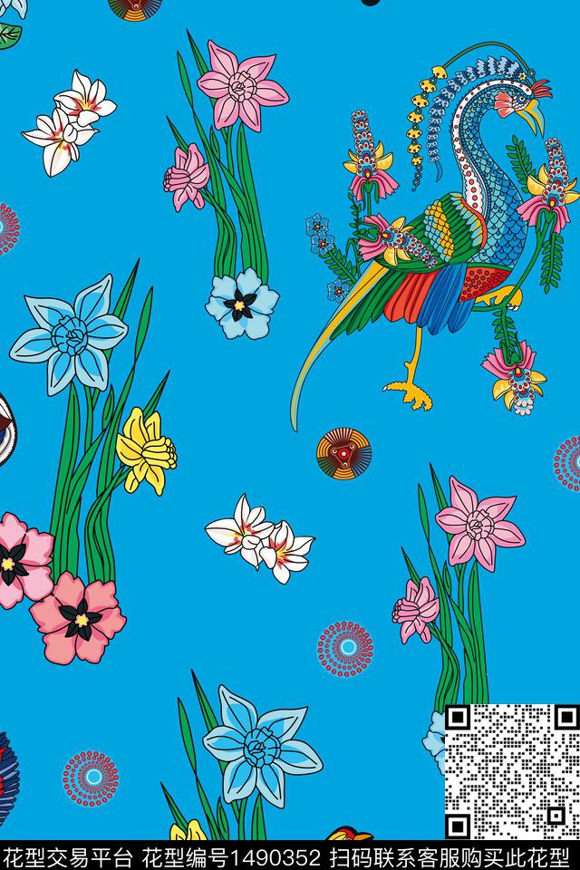动物民族风花卉数码印花华亿平台下载（图片编号: 1490352） - 瓦栏（Walan）