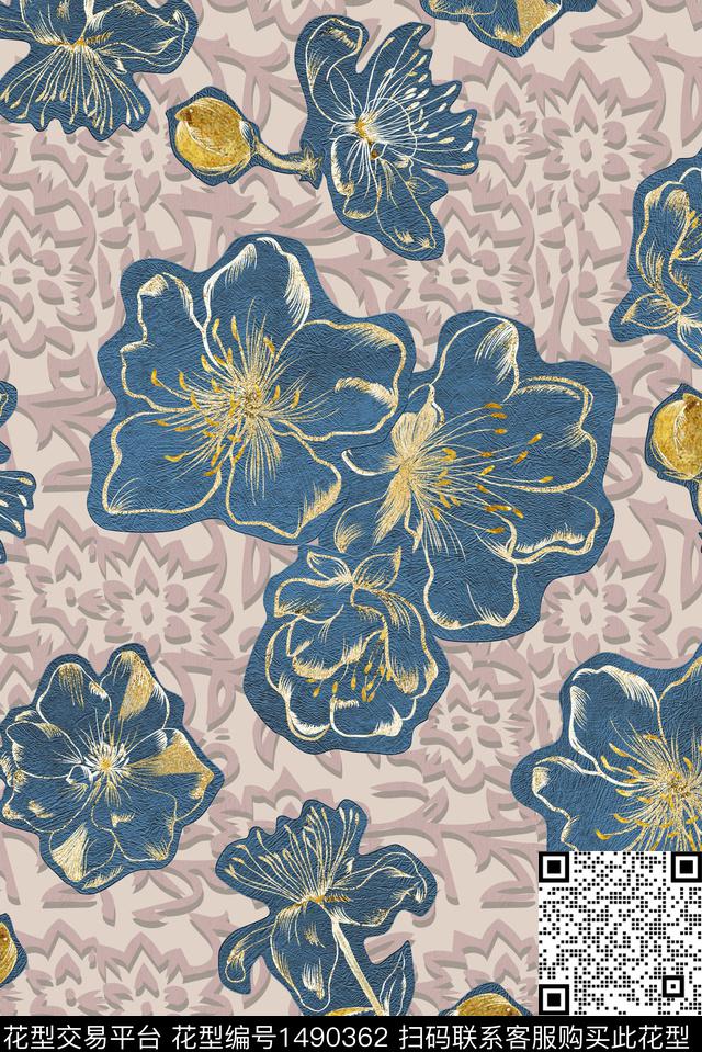 抽象花卉花卉箔金描边数码印花华亿平台下载（图片编号: 1490362） - 瓦栏（Walan）