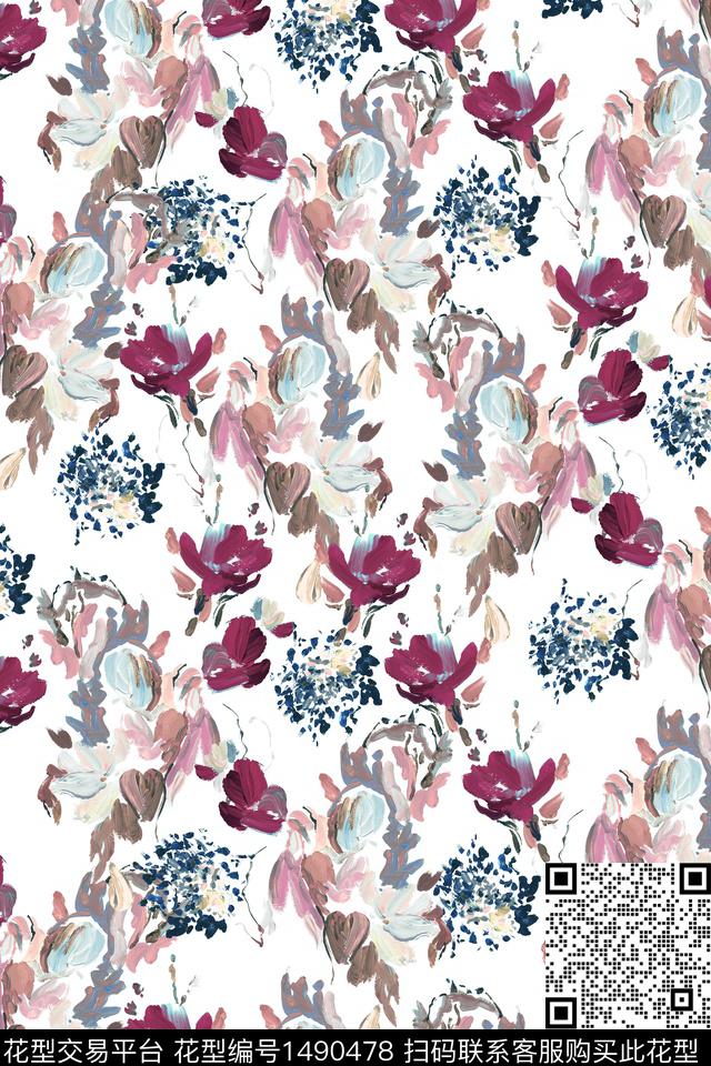 抽象花卉大牌风小清新数码印花华亿平台下载（图片编号: 1490478） - 瓦栏（Walan）