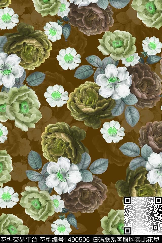 绿植树叶玫瑰花花卉数码印花华亿平台下载（图片编号: 1490506） - 瓦栏（Walan）