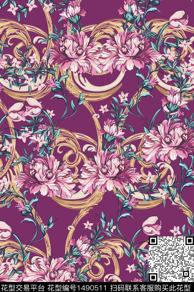 绿植树叶玫瑰花花卉数码印花华亿平台下载（图片编号: 1490511） - 瓦栏（Walan）